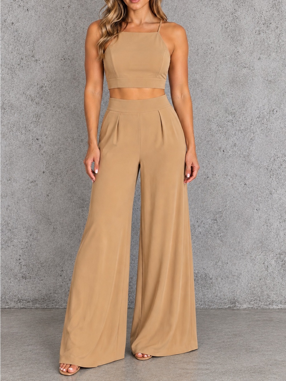 Lovesong Camel/Tan Flowing lined Pallazo pant set women Size M/L - NEW